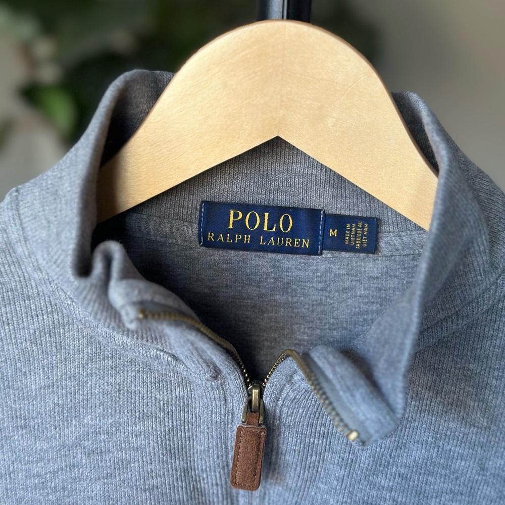 Ralph Lauren Heather Gray Navy Blue Brown Accent Zip-Up Long Sleeve Sweater